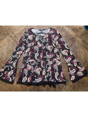 White House black market boho paisley black maroon flowy long sleeve blouse XS